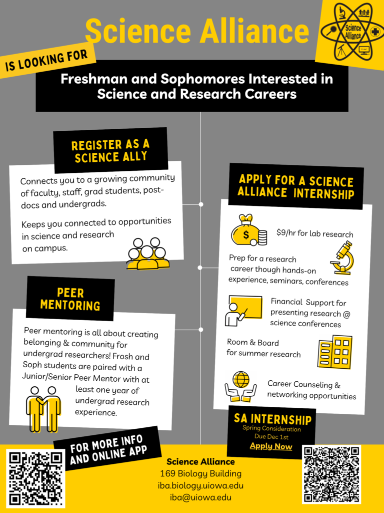 Science Alliance is looking for Freshman and Sophomores interested in Science and Research Careers poster